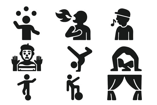 Unusual Talent Icons. Solid style icons of Unusual Talents: Juggler, Fire Breather, Whistler, Mime, Acrobat, Contortionist,