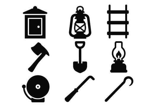 Vintage Safety Icons. Solid style icons of Vintage Safety Devices: Call Box, Lantern, Rope Ladder, Axe, Shovel, Gas Lamp, Signal
