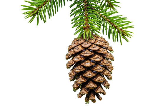 A detailed close-up shot of a single brown pine cone covered in glistening water droplets, hanging from a vibrant green coniferous branch against a stark black background - Powered by Adobe