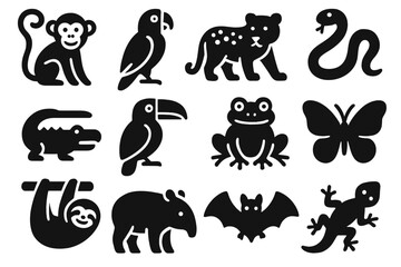 Obraz premium Jungle Wildlife Icons. Solid style icons of jungle wildlife: monkey, parrot, jaguar, snake, crocodile, toucan, frog, butterfly,