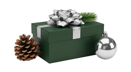A festive holiday composition featuring a dark green gift box with a silver bow, a pinecone, and a shiny ornament, isolated on a simple black background for a classic seasonal look