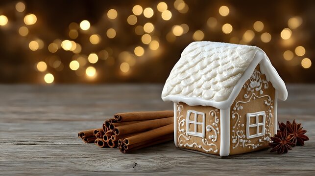Festive gingerbread house with cinnamon sticks and star anise on wooden table against blurred golden bokeh lights background. - Powered by Adobe