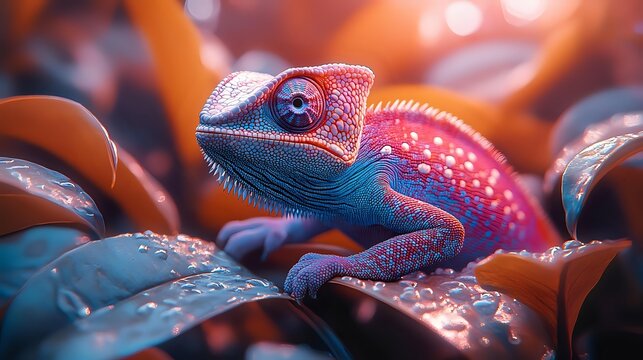 Colorful chameleon with vibrant blue and pink scales resting on wet tropical leaves in dramatic lighting, showcasing its unique texture and adaptation to environment.