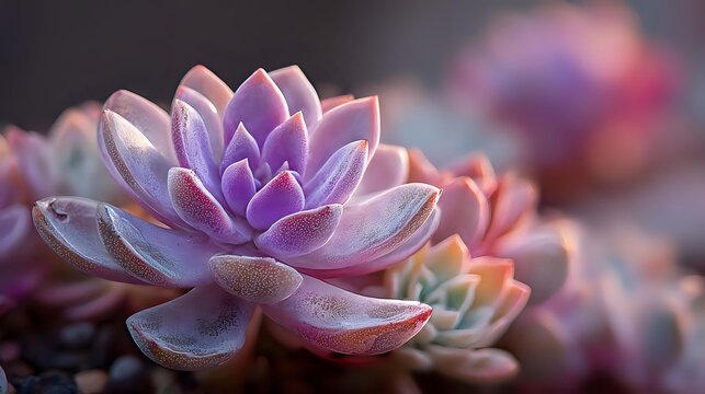Close-up of purple and pink succulent with water droplets on fleshy leaves against blurred background, ideal for wellness and nature designs. - Powered by Adobe
