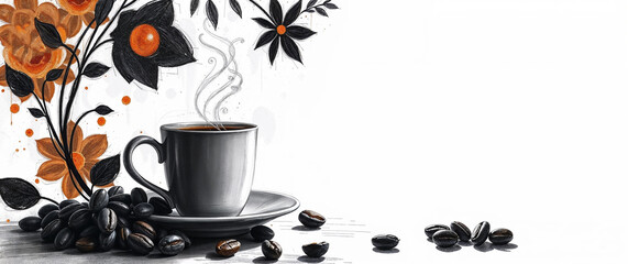 Mixed media illustration of a steaming coffee cup surrounded by coffee beans on a white background with stylized flowers and copy space for text  