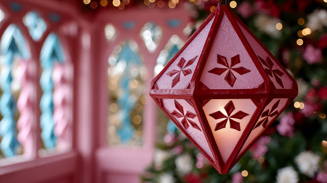 A red lantern with intricate designs hangs in a beautifully decorated space with holiday lights and floral arrangements.