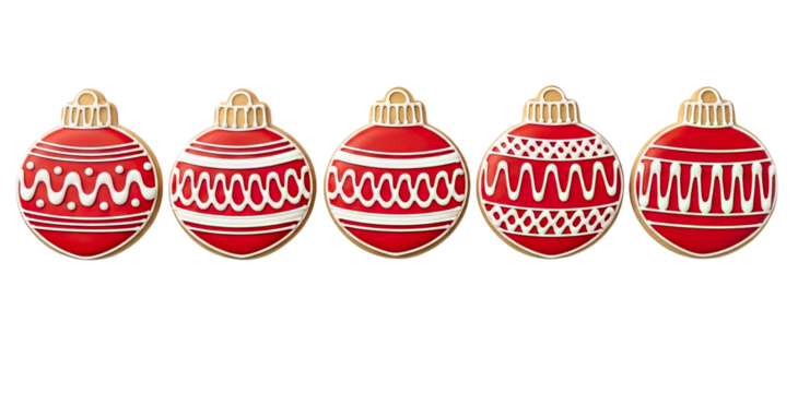 Five festive gingerbread cookies, beautifully decorated as Christmas ornaments with intricate red and white icing patterns, presented against a stark black background