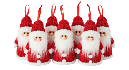 A charming group of seven identical Santa Claus Christmas tree ornaments with red knitted outfits and long white beards stand together in a row, isolated on a black background