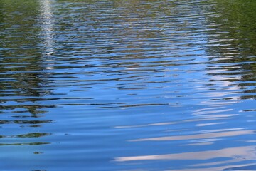 Sky reflection of a blue river water surface