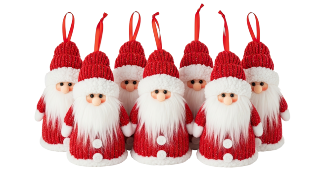 A charming group of seven identical Santa Claus Christmas tree ornaments with red knitted outfits and long white beards stand together in a row, isolated on a black background