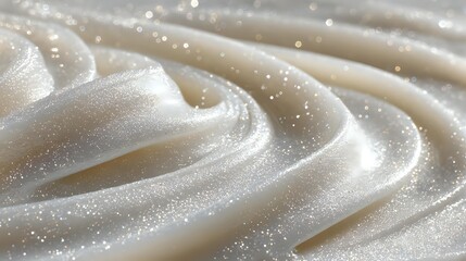 Creamy white frosting with shimmering texture and smooth swirls, featuring delicate sparkles for elegant dessert decoration.
