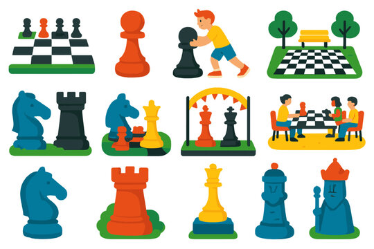 Giant Chess Icons. Flat vector icons of giant chess: outdoor giant board, human-sized pawn, child moving piece, public park