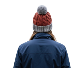 Rear view of an anonymous person wearing a cozy terracotta and grey cable-knit beanie with a pom-pom and a navy blue jacket, isolated on a black background