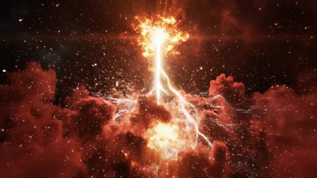 Explosive energy eruption through fiery clouds in a star filled sky.