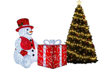 A charming illuminated snowman figure sits beside a large glowing gift box and a beautifully decorated Christmas tree, creating a magical holiday display isolated on a black background