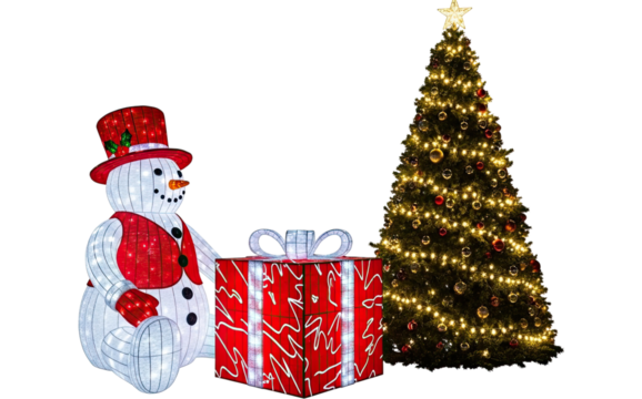 A charming illuminated snowman figure sits beside a large glowing gift box and a beautifully decorated Christmas tree, creating a magical holiday display isolated on a black background