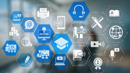 Online education icons show e-learning, online education classes, and digital study. Online education enables global online education access, flexible learning. Gist