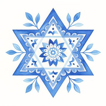 Blue geometric star of david pattern with leaf elements. Decorative watercolor drawing for traditional holiday and cultural design.