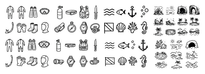 Fototapeta premium Diving and nautical icon set collection