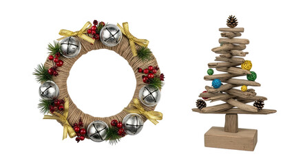 Handcrafted winter holiday decor with a rustic rope wreath adorned with jingle bells and a creative Christmas tree made from driftwood, set against a black background