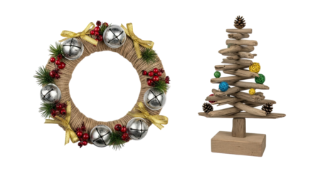 Handcrafted winter holiday decor with a rustic rope wreath adorned with jingle bells and a creative Christmas tree made from driftwood, set against a black background