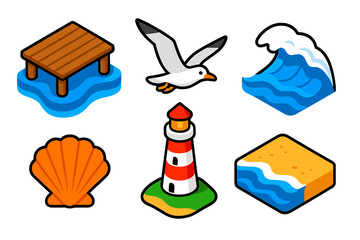 Coastal Icons. Isometric vector illustration set Coastal View: wooden pier, flying seagull, rolling waves, seashell, lighthouse,
