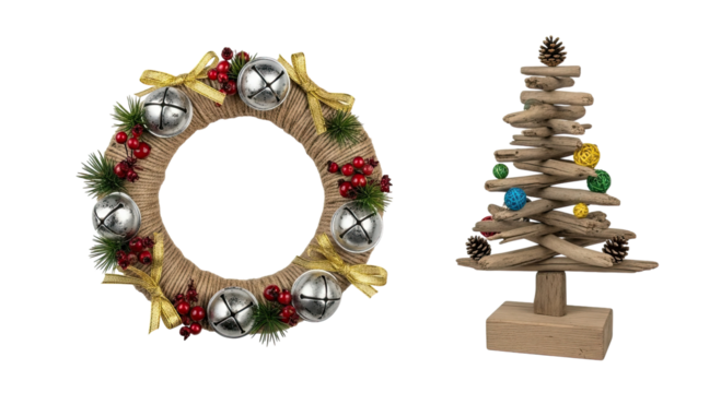 Handcrafted winter holiday decor with a rustic rope wreath adorned with jingle bells and a creative Christmas tree made from driftwood, set against a black background - Powered by Adobe