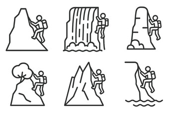 Adventure Climbing Icons. Line style icons of adventure climbing: cliff ridge, waterfall climb, desert tower, jungle rock, alpine