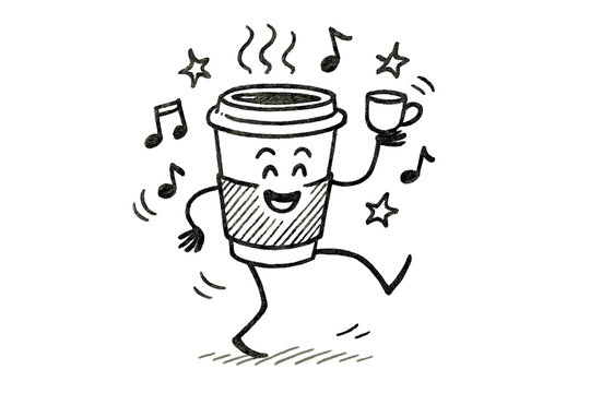 Dancing Zarf Delight. A doodle of a zarf with long legs dancing joyfully while balancing its coffee cup, as cheerful notes and
