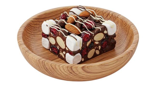 A decadent rocky road chocolate bar with almonds, marshmallows, and dried cranberries, drizzled with white and dark chocolate, served in a wooden bowl isolated on a black background