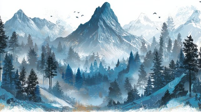Creative Snowboard Design Featuring Layered Forest and Glacier Peaks in a Winter Landscape