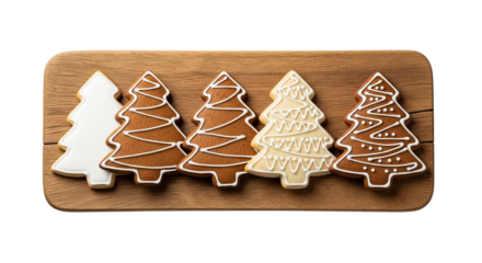 Top-down view of festive Christmas tree shaped gingerbread cookies with white icing decorations, arranged in a line on a rustic wooden cutting board against a black backdrop