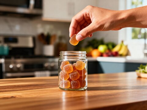 A Person's Hand Reaching for a Sugar-Coated Orange Gummy Candy from a Glass Jar on a Wooden Kitchen Countertop - Powered by Adobe
