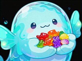 Adorable Translucent Aqua Blob Character with Fins, Happily Presenting a Heap of Vibrant Gummy Snacks, Including Fish and Shells.