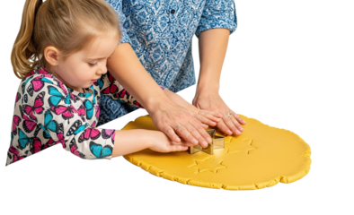 A caring mother and her little daughter share a special moment baking together, their hands joined as they carefully cut star shapes from dough against a black background