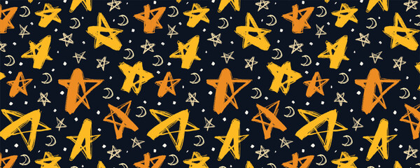 Multicolored Seamless Pattern with Hand drawn Grunge Pentagram Stars and Moon Shapes. Brush stroke art design perfect for print, fashion, wrapping paper, fabrics. © Desenarrt