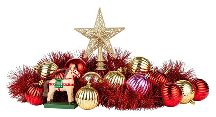 A traditional holiday composition featuring a glittery gold star, a vintage wooden horse, and shiny red and gold baubles arranged on sparkling red tinsel, isolated on a black background