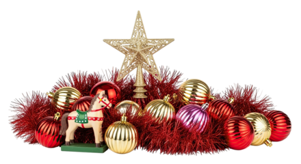 A traditional holiday composition featuring a glittery gold star, a vintage wooden horse, and shiny red and gold baubles arranged on sparkling red tinsel, isolated on a black background