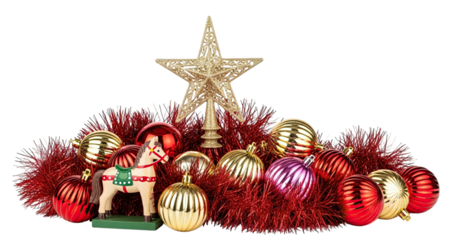 A traditional holiday composition featuring a glittery gold star, a vintage wooden horse, and shiny red and gold baubles arranged on sparkling red tinsel, isolated on a black background