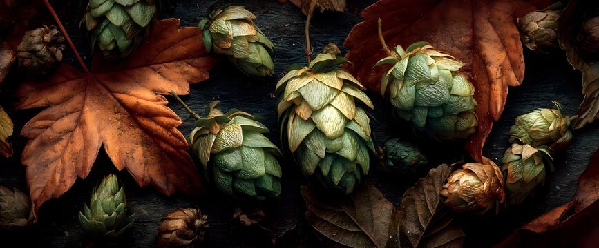 Fresh green hop cones and autumn maple leaves on dark background, natural ingredients for craft beer brewing.