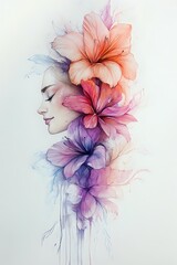 Obraz premium Delicate watercolor illustration of woman's profile with vibrant hibiscus and lily flowers in coral, pink, and purple hues, creating ethereal feminine composition.