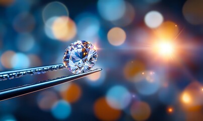 Brilliant diamond held by jeweler's tweezers against blurred bokeh background with light flare, showcasing luxury gemstone quality.