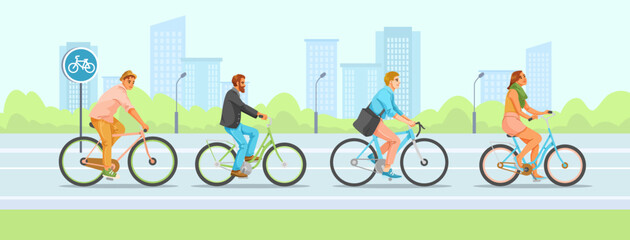 Fototapeta premium People riding bikes on a city road, cartoon style, with urban buildings and green trees in background. Concept of eco transport. Vector illustration