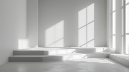Fototapeta premium A bright minimalist interior with steps leading to a window with sunlight streaming through it all in white