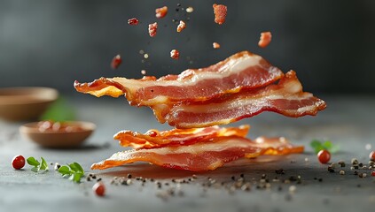 Crispy bacon strips with falling spices and herbs on gray background, dynamic food photography for restaurant menu or cooking blog.