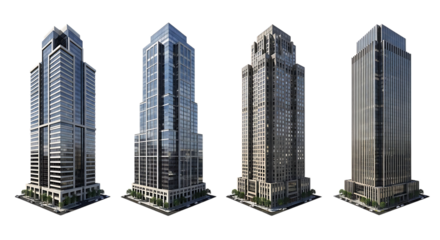 Four distinct modern skyscrapers, with glass and stone facades and detailed bases, PNG isolated on transparent background