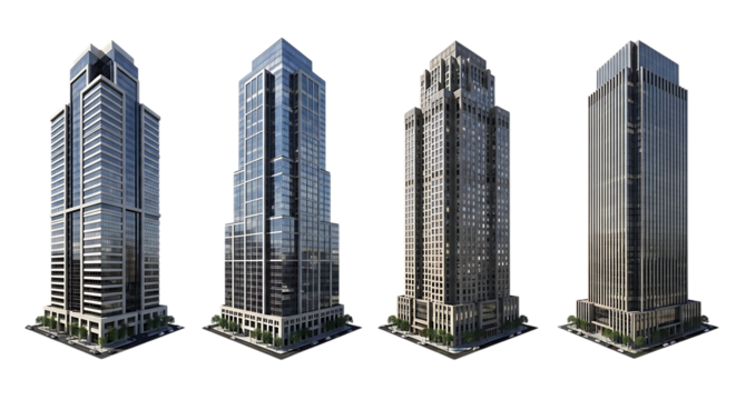 Four distinct modern skyscrapers, with glass and stone facades and detailed bases, PNG isolated on transparent background - Powered by Adobe