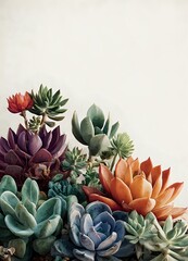 Fototapeta premium Colorful succulent arrangement with purple, orange, blue, and green plants against neutral beige background, perfect for botanical design projects.