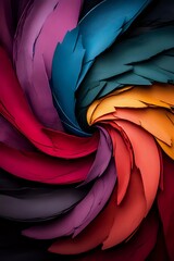 Obraz premium Vibrant spiral arrangement of colorful paper or fabric layers in pink, blue, orange, red, and purple tones creating a dynamic swirling pattern against dark background.