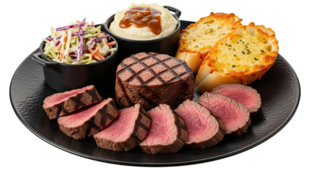 A delicious grilled filet mignon steak dinner, sliced medium-rare and served on a black plate with mashed potatoes, gravy, coleslaw, and cheesy garlic bread on a black background
